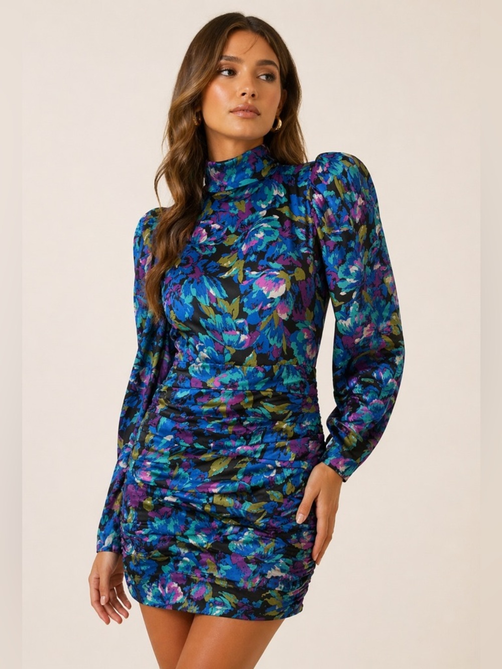 Ronny Kobo Annika Puff Sleeve Silk Floral Dress Size S Purple Green Black